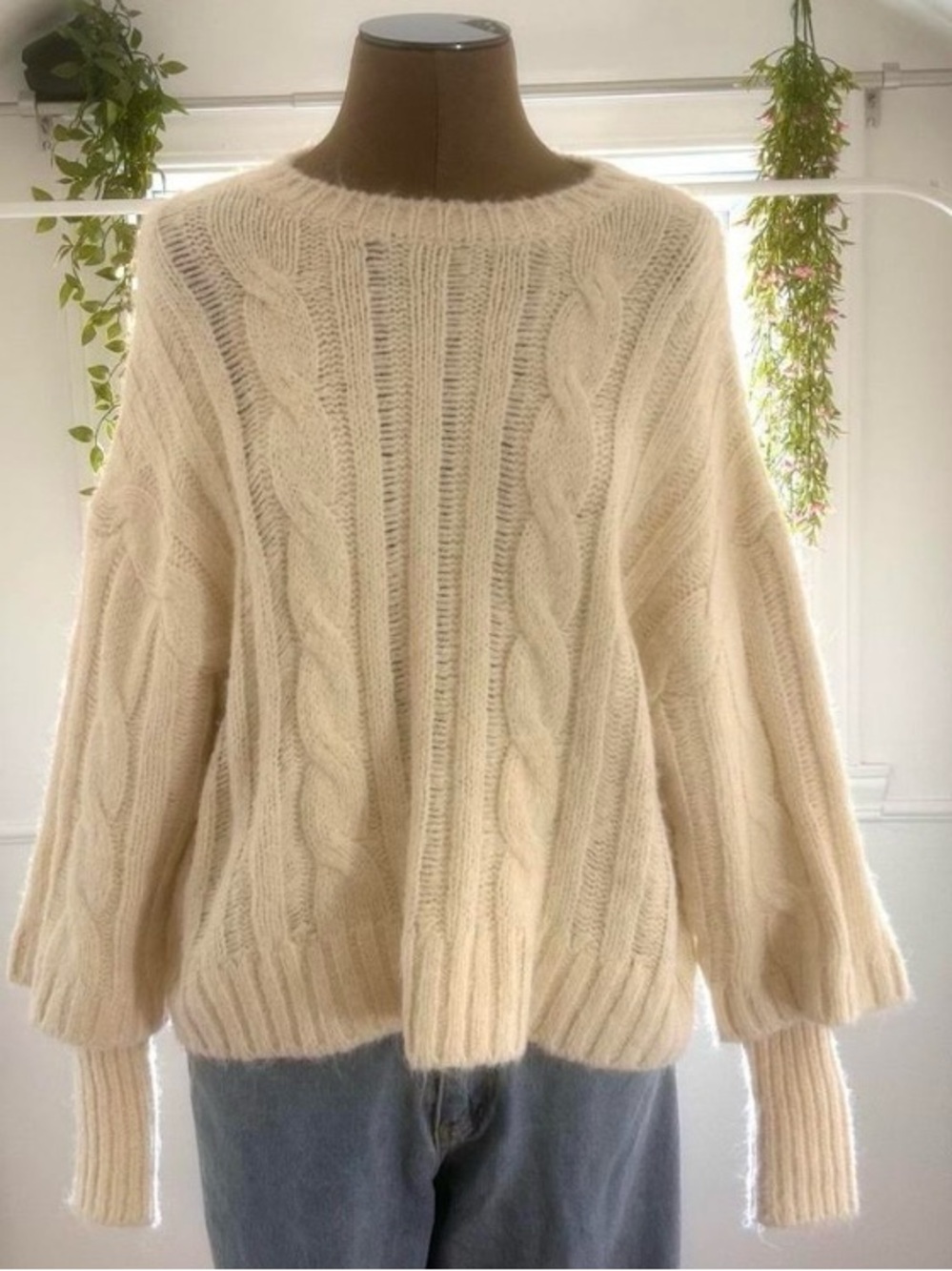 Zara Cream Cable Knit Balloon Sleeve Sweater